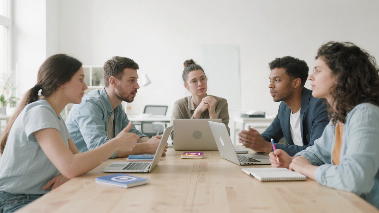 Small creative team working together around a table with laptops and notebooks, discussing social media strategy in a bright and clean office