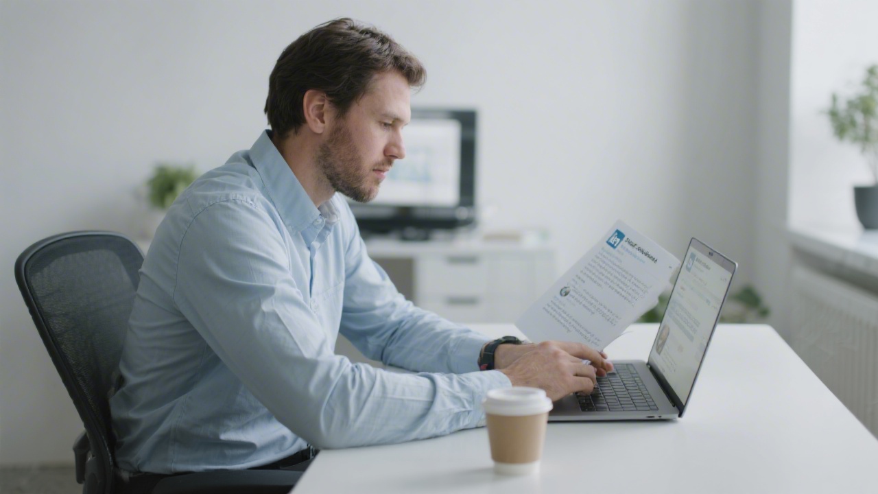 B2B consultant reviewing LinkedIn post drafts on a laptop, with coffee and minimal office setup, suggesting professional thought leadership planning