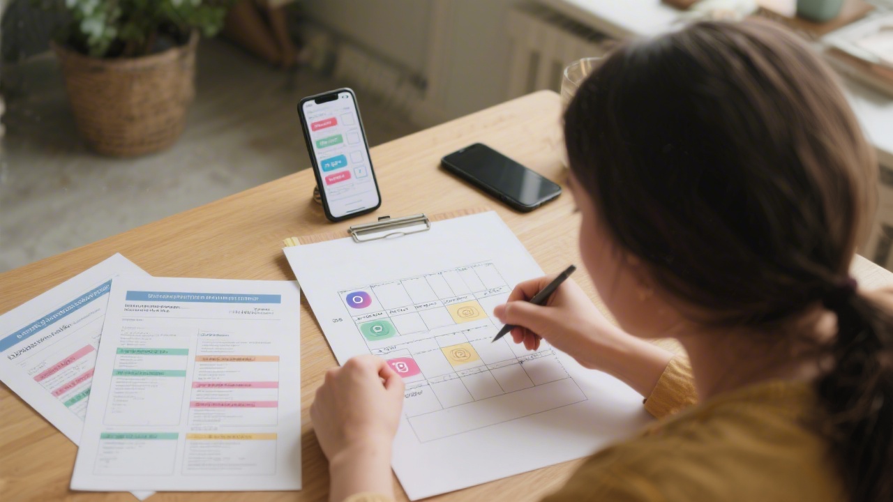 Female creator planning social media content with storyboard on a desk, smartphone, and printed templates showing structured educational workflow