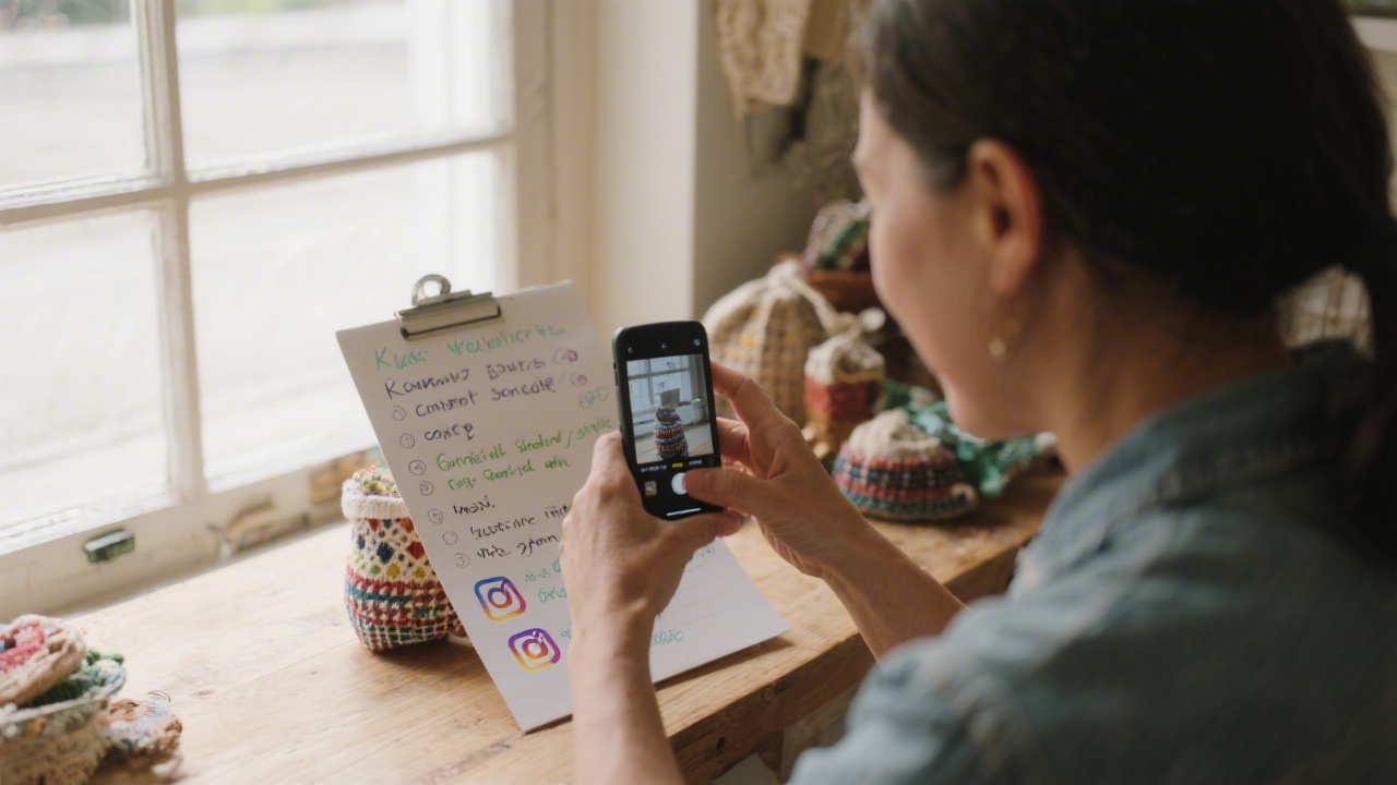 Small business owner photographing handmade product near window light, with notes about keywords and content schedule for social media
