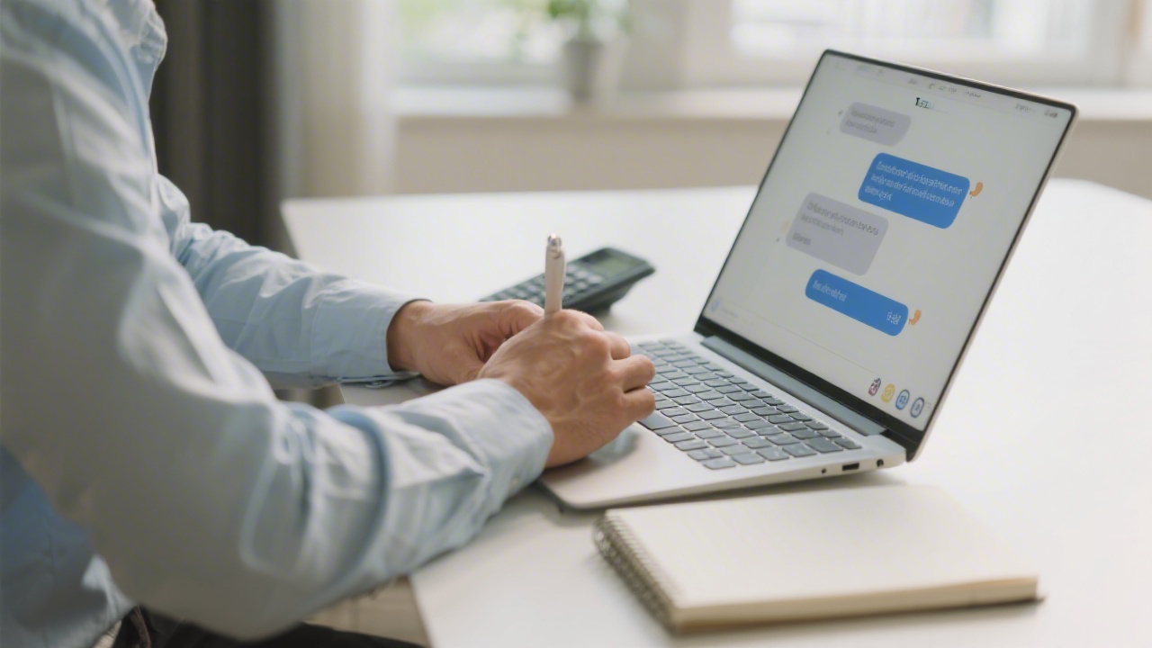 Person writing a message on a laptop with phone and notebook nearby, illustrating a professional contact environment with soft daylight