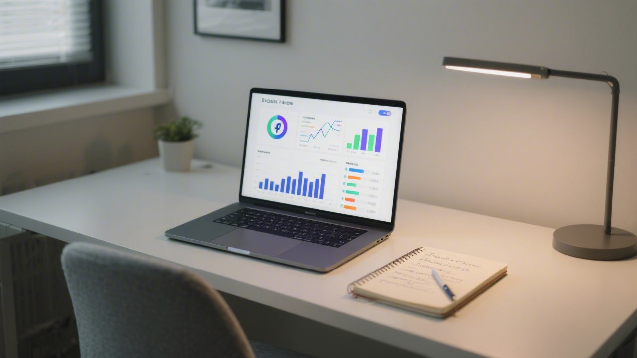 Modern workspace with laptop displaying social media analytics dashboards, notebook with marketing notes, and neutral lighting suggesting a focused educational environment