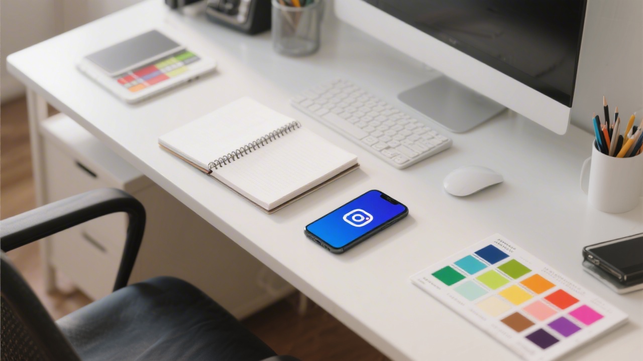 Professional desk with notebook, smartphone, and color palette for social media branding, representing organized service offerings and educational planning