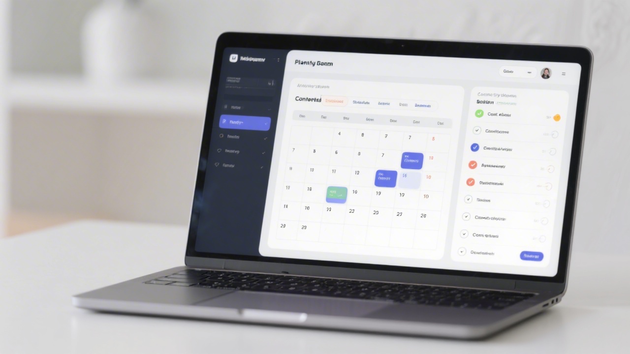 Minimal planning dashboard on laptop with calendar view, checklists and content labels, representing a simple and effective content scheduling tool