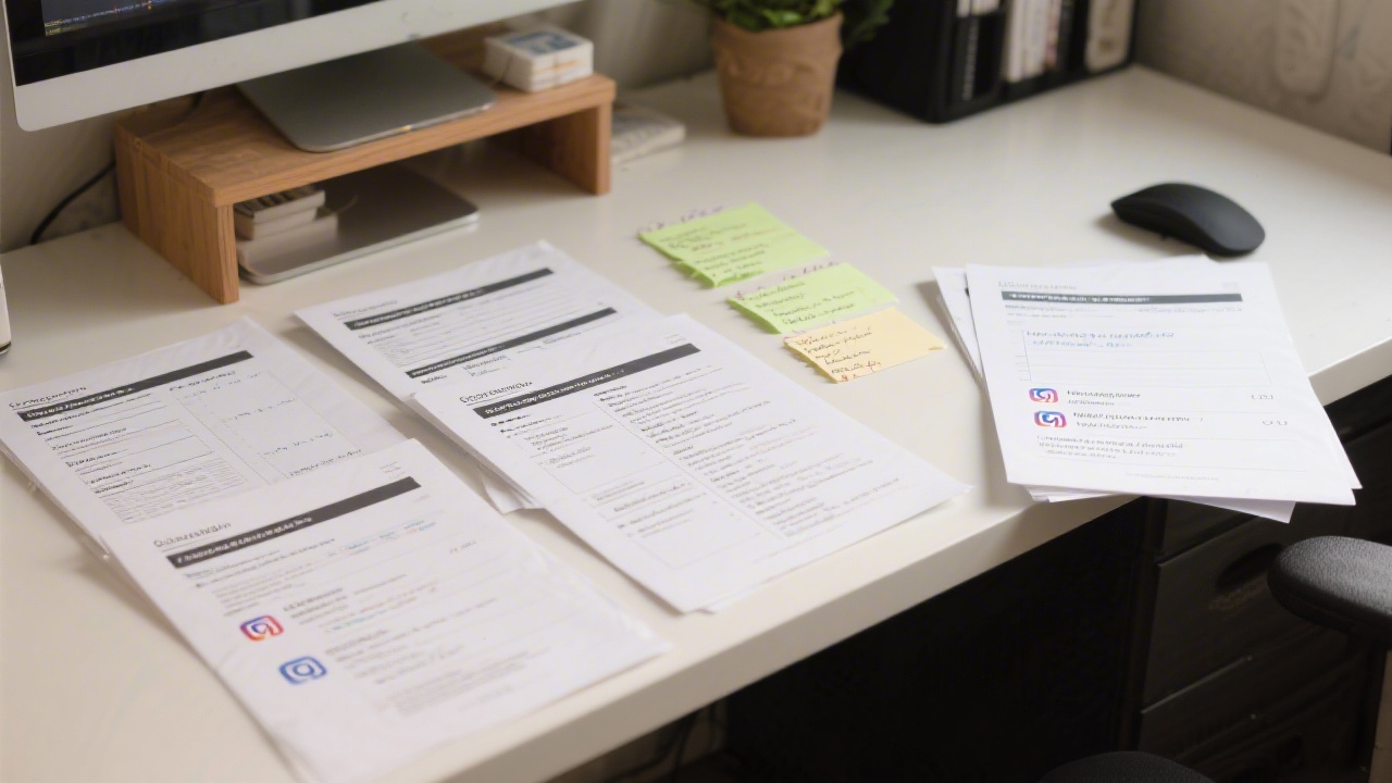Set of printed content templates and short script notes on a desk, showing a structured approach to repeatable social media posts